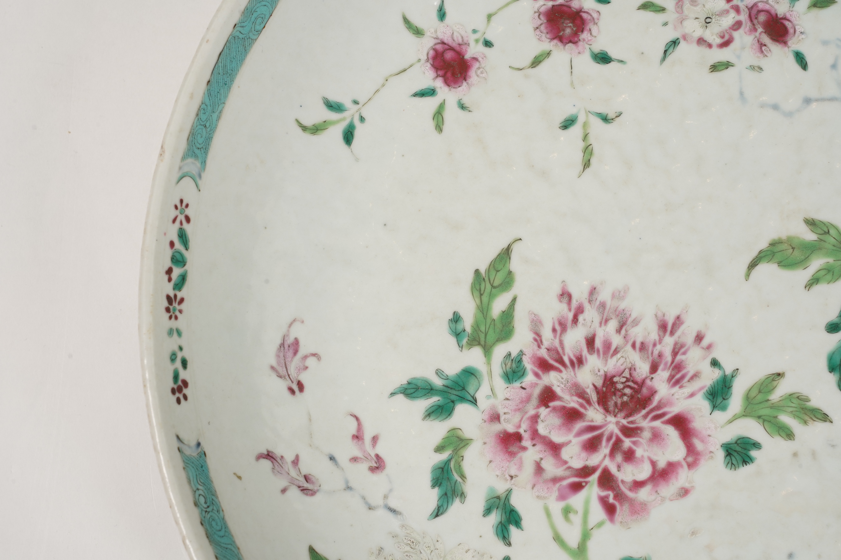 A Chinese export famille rose deep dish, underglaze blue Xuande mark but 18th century